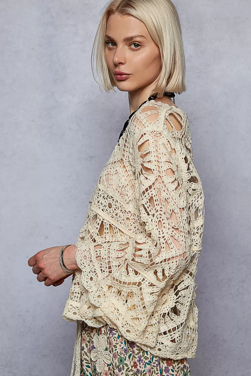 POL Round Neck Weave Knit Pattern Cropped Cover Up - Image 5