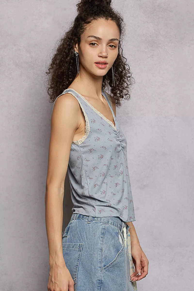 POL Ruched Floral V-Neck Tank with Lace Detail - Image 5