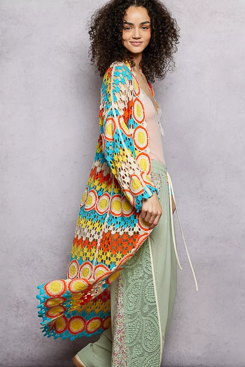 POL Scalloped Edge Open Front Crochet Cardigan with Colorful Stripe Pattern - Image 4