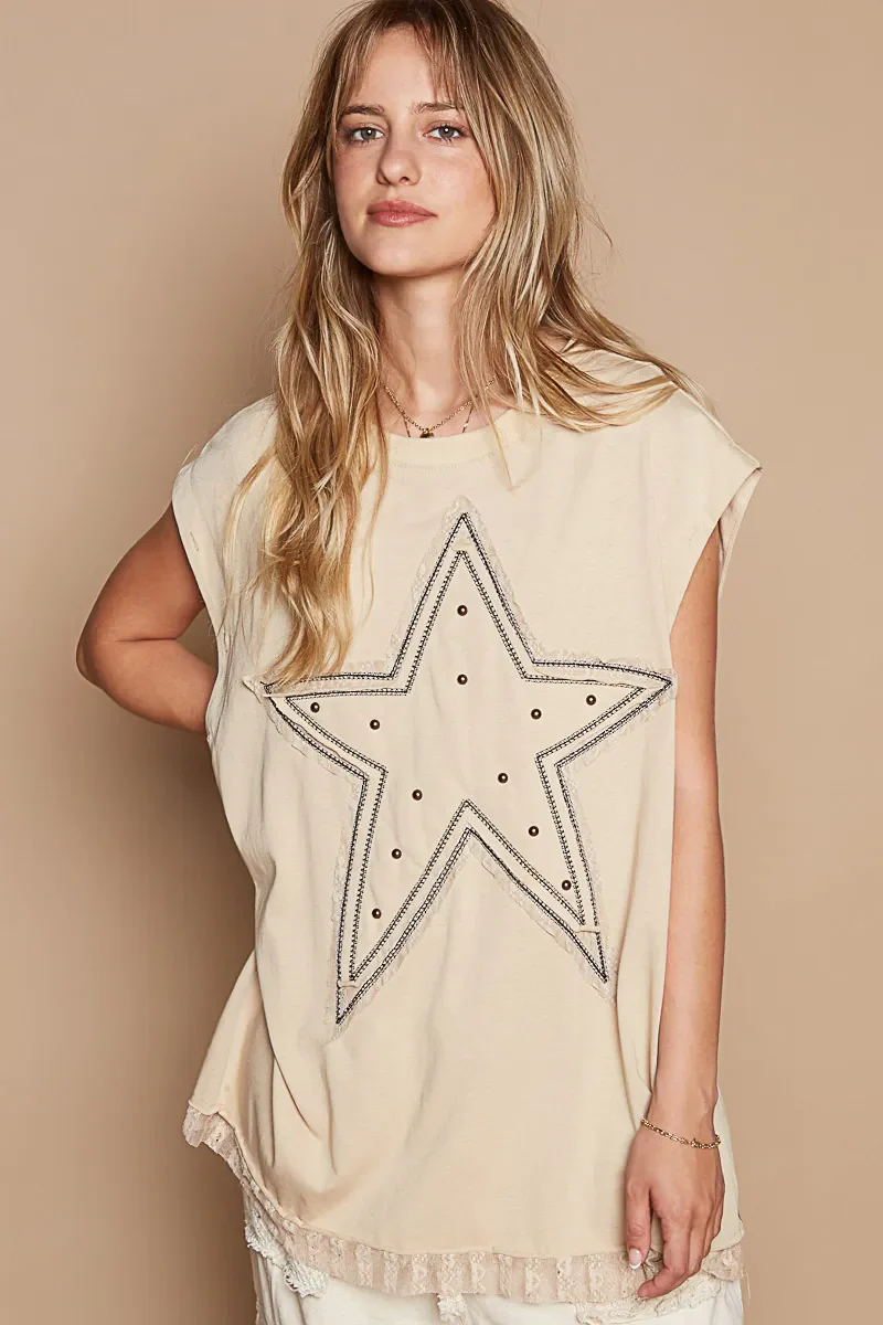 POL Star Patch Studded Sleeveless T-Shirt with Lace Hem - Image 2