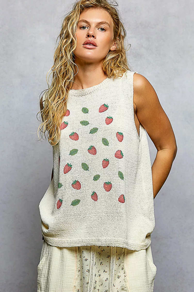 POL Strawberry Pattern Round Neck Sleeveless Sweater Top - Image 2