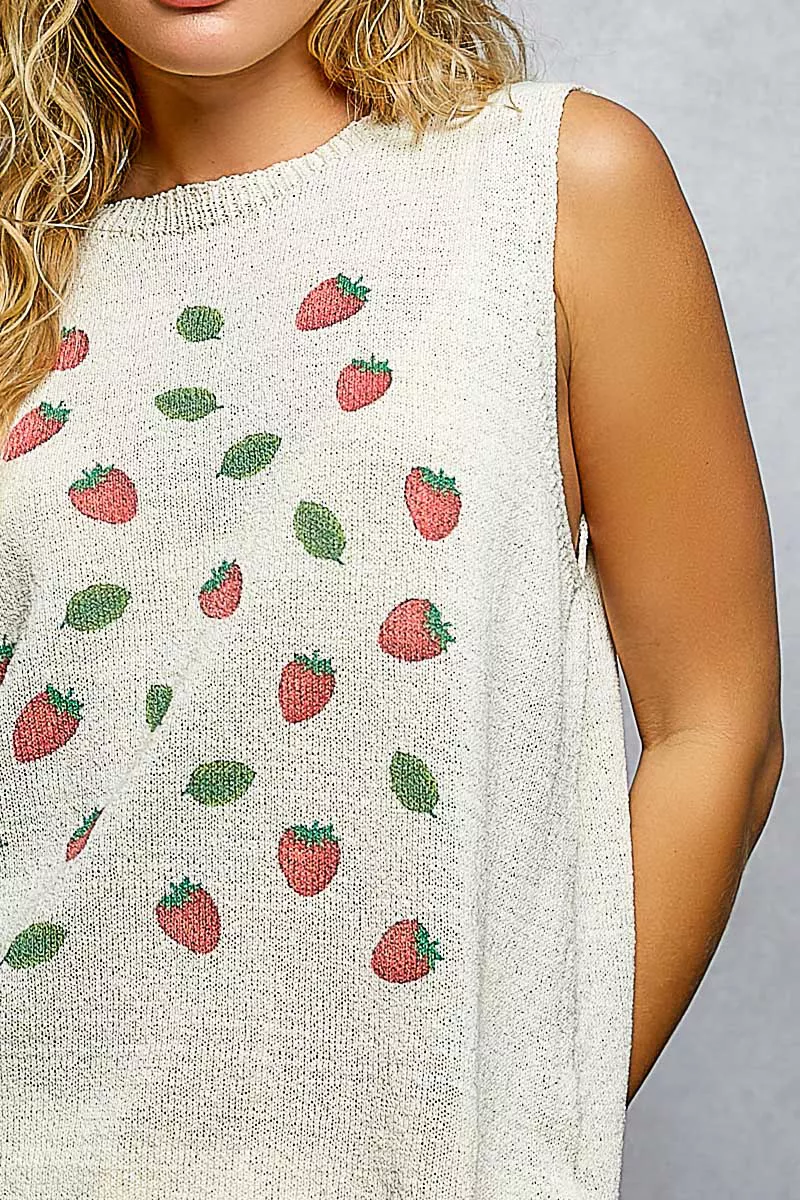 POL Strawberry Pattern Round Neck Sleeveless Sweater Top - Image 6