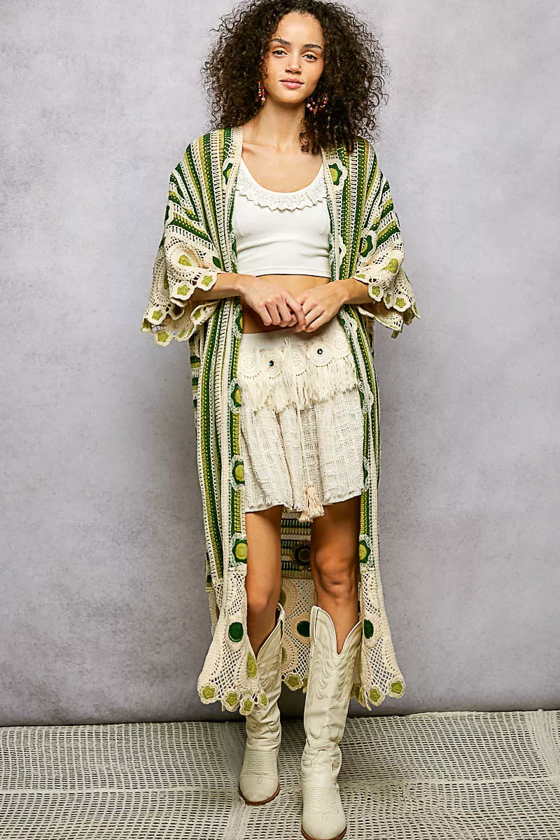 POL Striped and Floral Pattern Crochet Longline Cardigan - Image 3