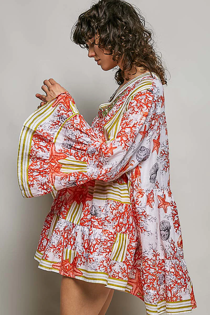 POL Striped Floral Long Sleeve Mini Dress with Pintuck Detail - Image 3