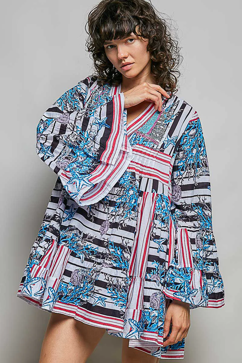 POL Striped Floral Long Sleeve Mini Dress with Pintuck Detail - Image 2