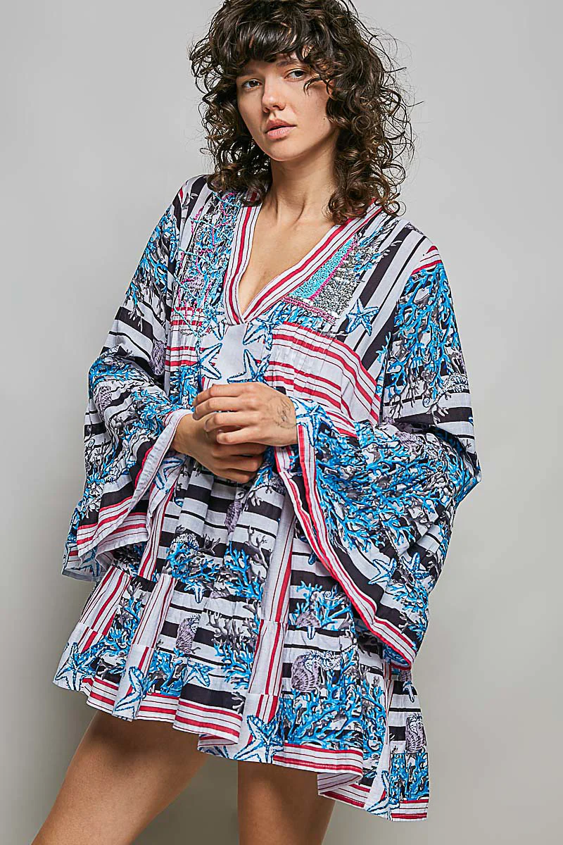 POL Striped Floral Long Sleeve Mini Dress with Pintuck Detail - Image 3
