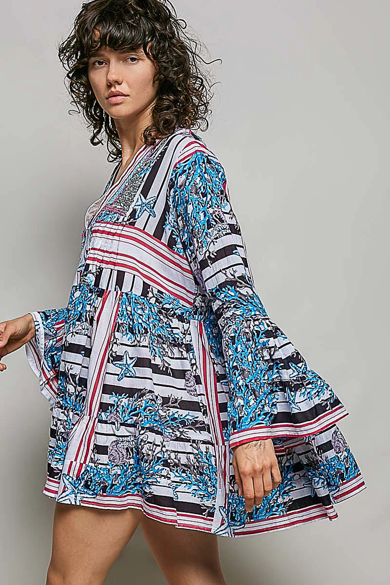 POL Striped Floral Long Sleeve Mini Dress with Pintuck Detail - Image 4