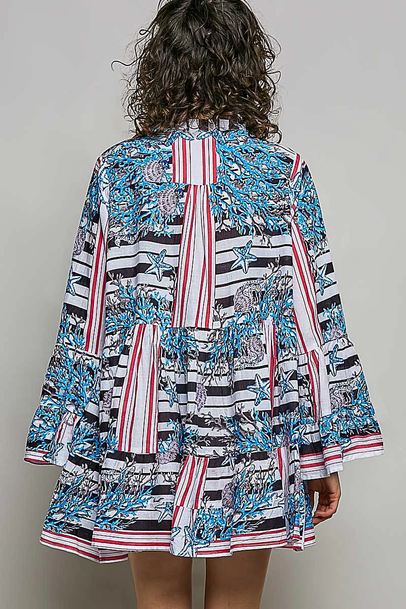 POL Striped Floral Long Sleeve Mini Dress with Pintuck Detail - Image 5