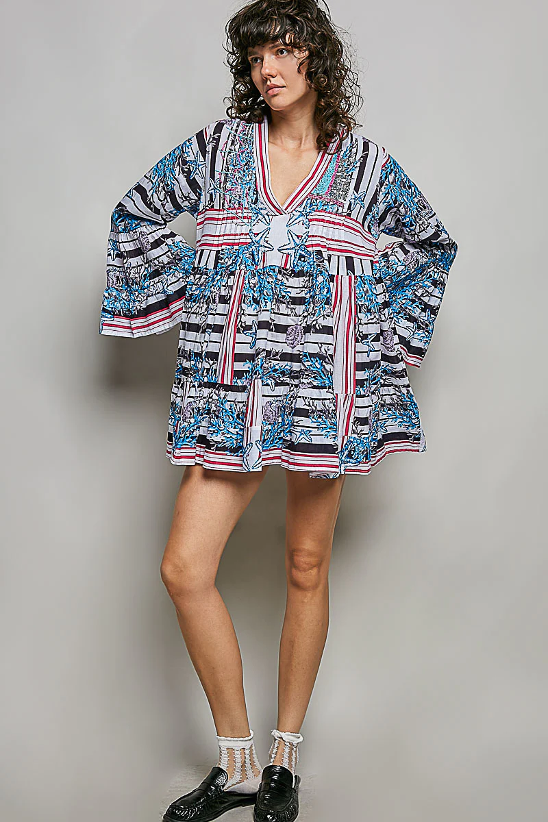 POL Striped Floral Long Sleeve Mini Dress with Pintuck Detail - Image 6