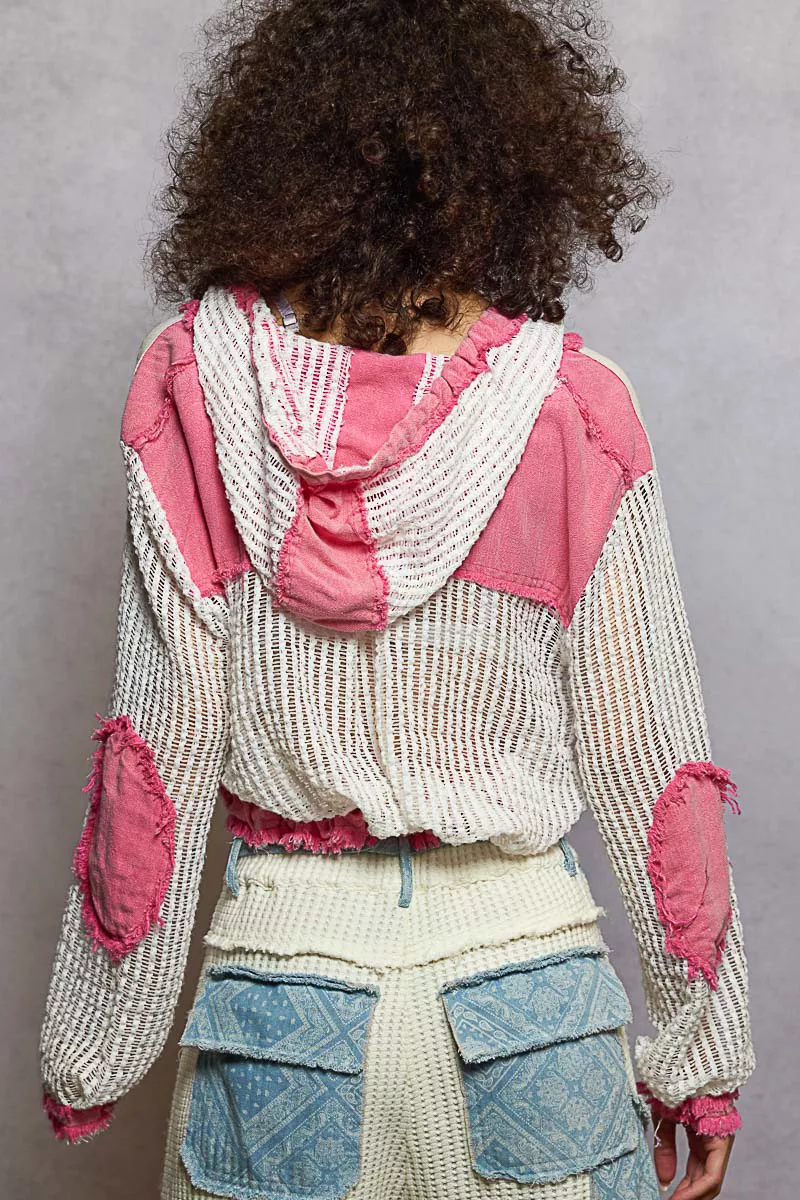 POL Texture Woven Button Down Hooded Shirt with Drawstring Hem - Image 4