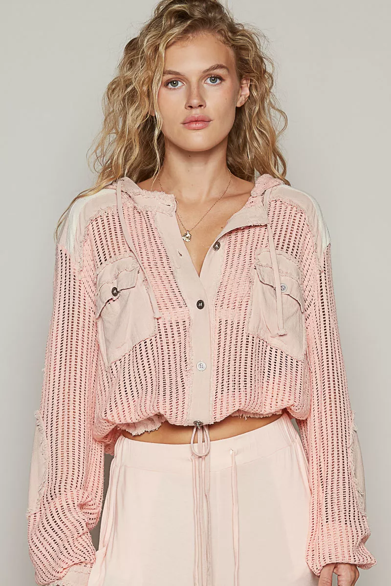 POL Texture Woven Button Down Hooded Shirt with Drawstring Hem