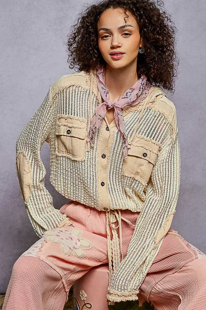 POL Texture Woven Button Down Hooded Shirt with Drawstring Hem - Image 2