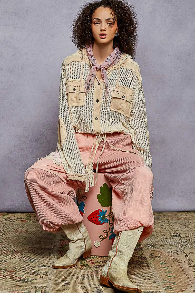 POL Texture Woven Button Down Hooded Shirt with Drawstring Hem - Image 7