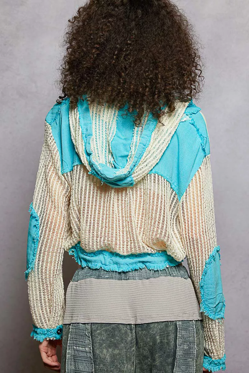 POL Texture Woven Button Down Hooded Shirt with Drawstring Hem - Image 4