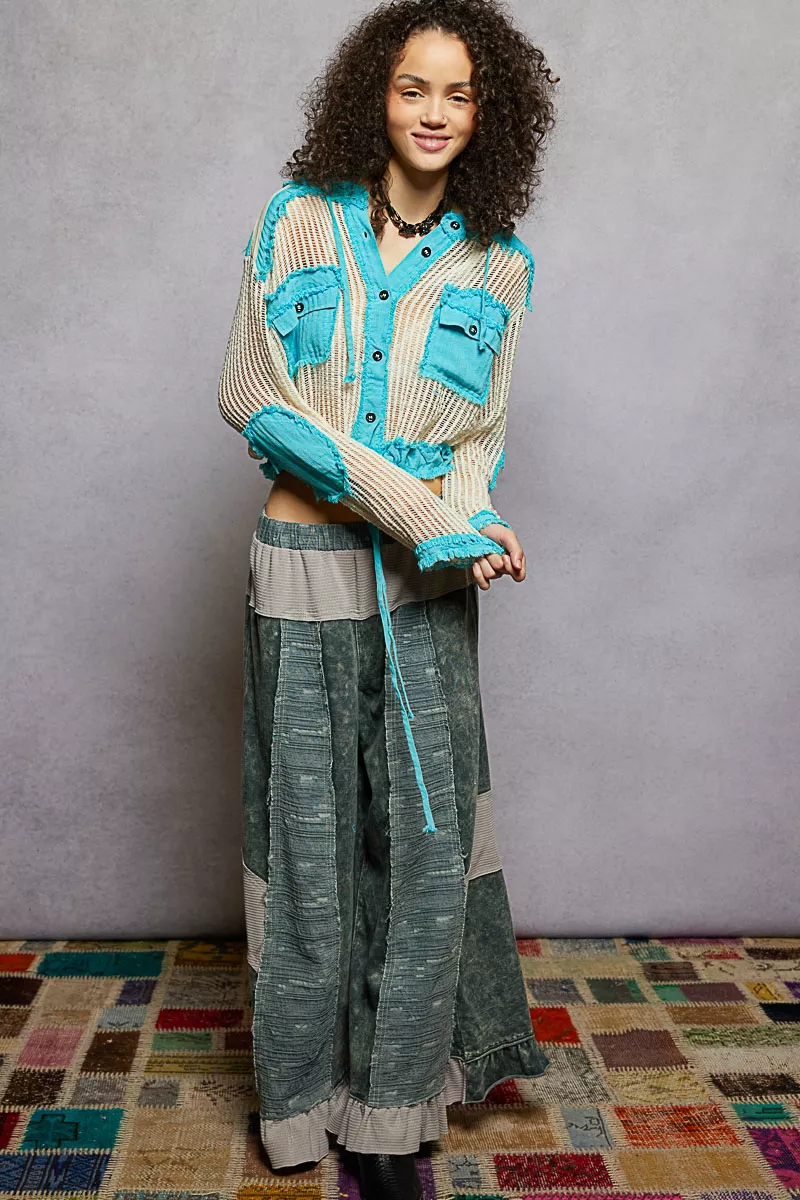 POL Texture Woven Button Down Hooded Shirt with Drawstring Hem - Image 5