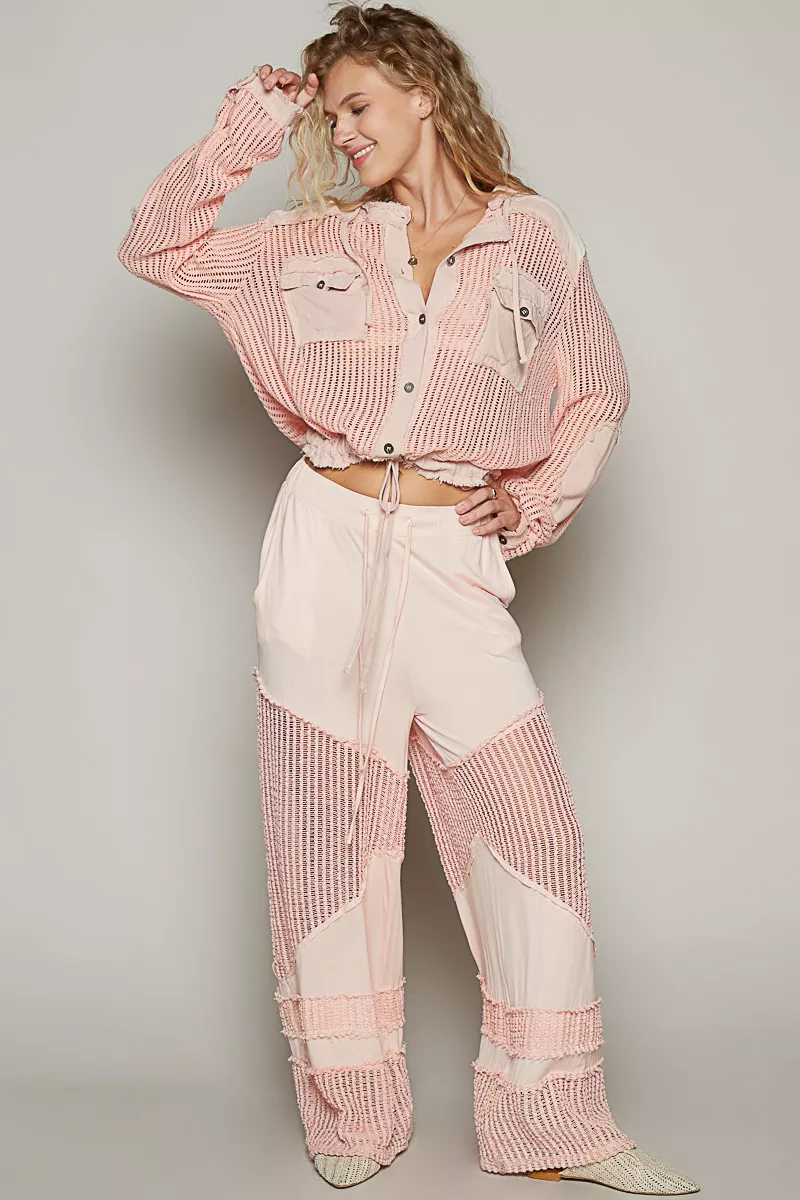 POL Texture Woven Button Down Hooded Shirt with Drawstring Hem - Image 6
