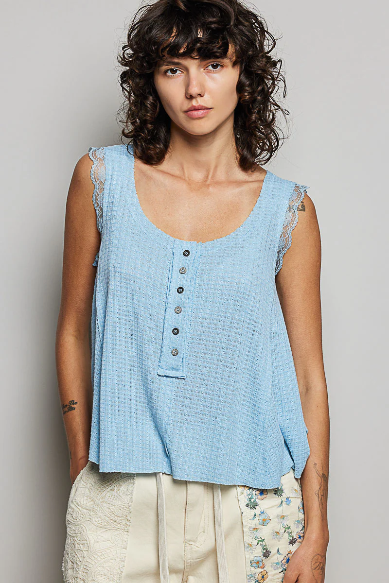 POL Textured Knit Round Neck Tank with Lace Detail - Image 2