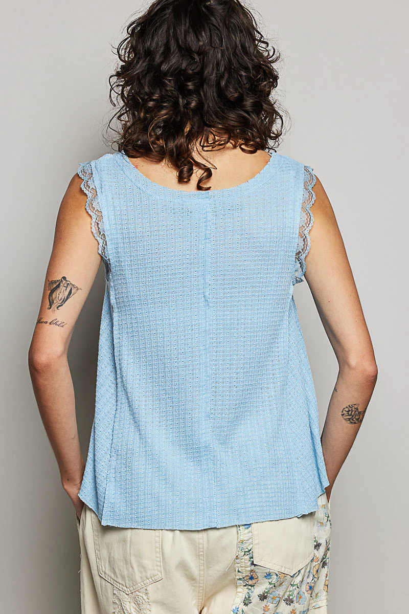 POL Textured Knit Round Neck Tank with Lace Detail - Image 4