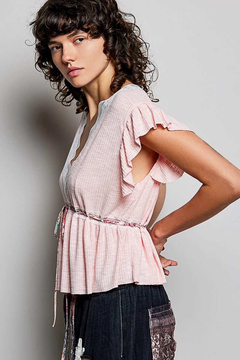 POL Tied Ruffled V-Neck Short Sleeve Blouse with Lace Detail - Image 3