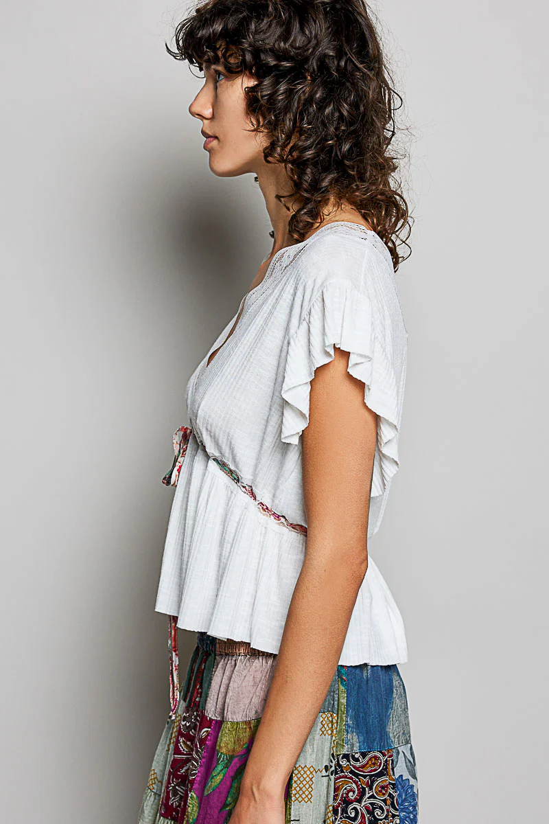 POL Tied Ruffled V-Neck Short Sleeve Blouse with Lace Detail - Image 3