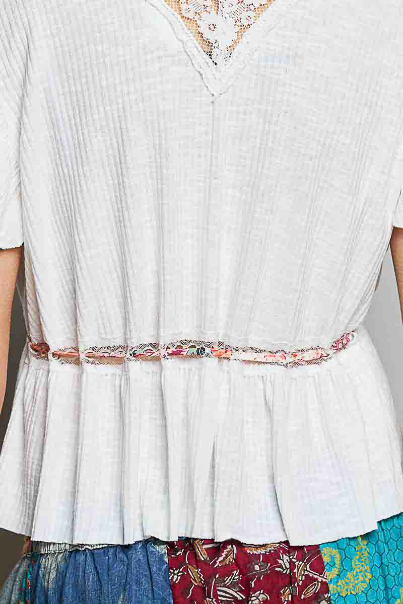 POL Tied Ruffled V-Neck Short Sleeve Blouse with Lace Detail - Image 7