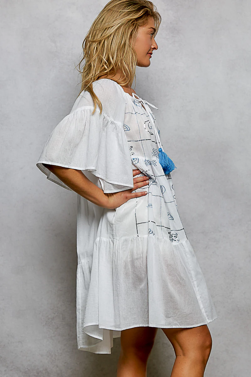 POL Tied Tassel Embroidery Half Flared Sleeve Mini Dress - Image 3