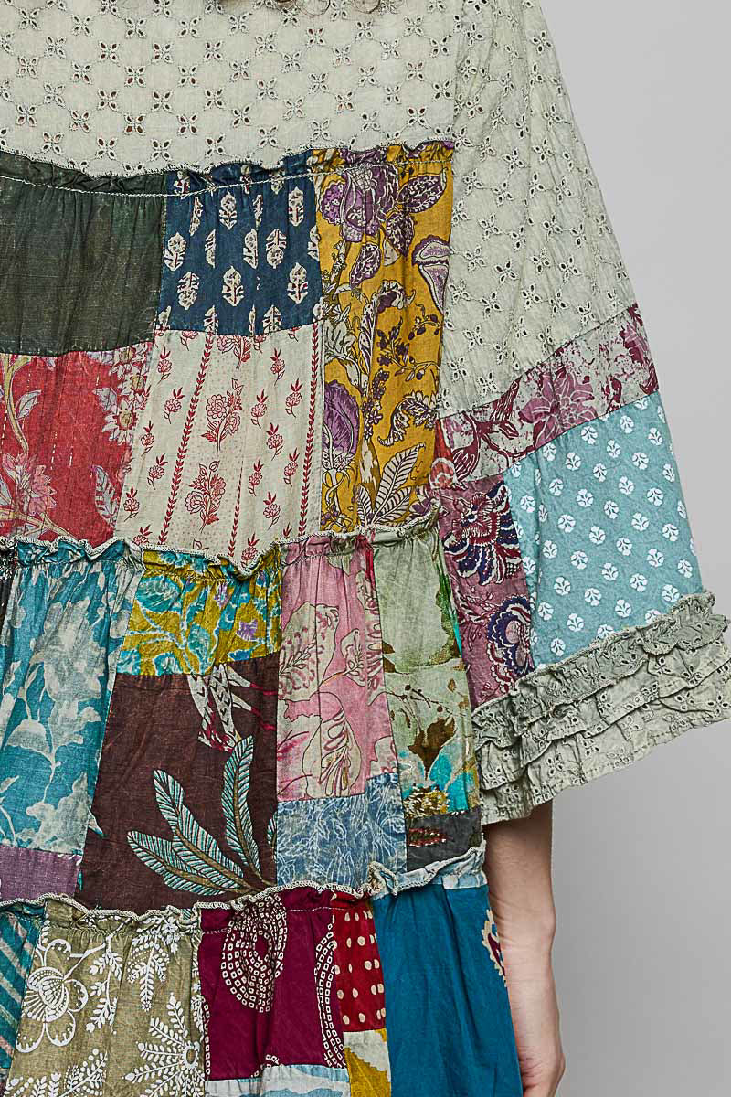 POL Tiered Floral Patchwork Tie Neck Shirred Ruffled Blouse - Image 6