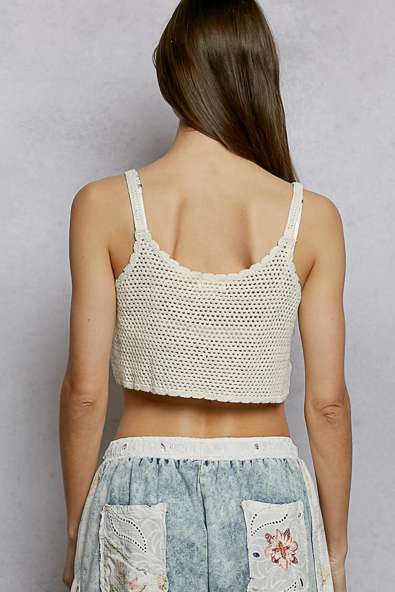 POL U-Neck Cropped Crochet Cami with Floral Embroidery Detail - Image 4