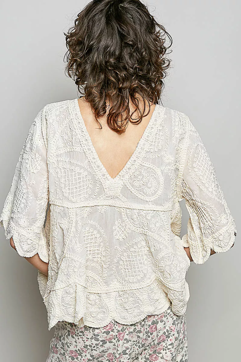 POL V-Neck Crochet Blouse with Scalloped Hem - Image 4