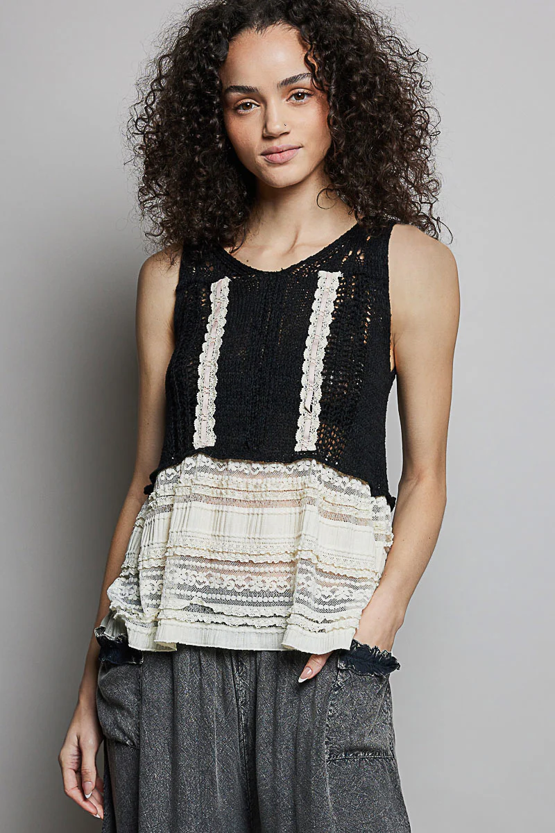 POL V-Neck Crochet Sweater Vest with Lace Trim - Image 2