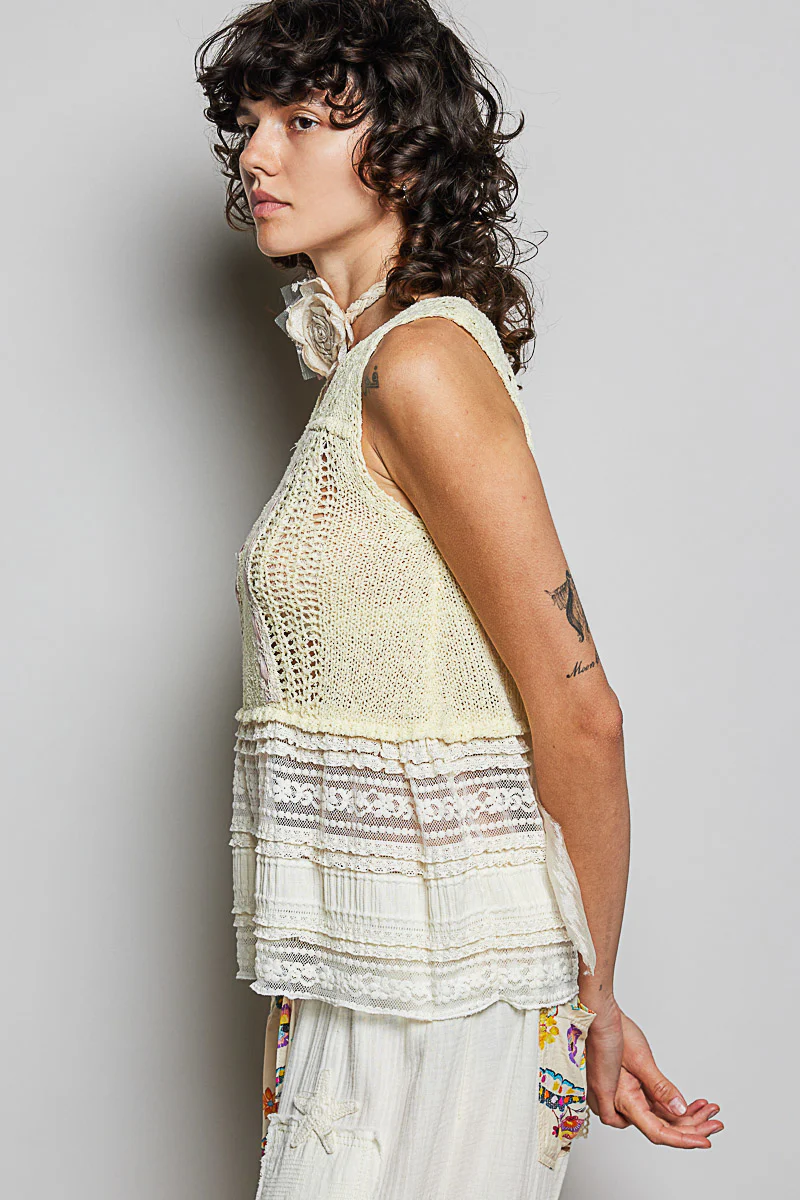 POL V-Neck Crochet Sweater Vest with Lace Trim - Image 3