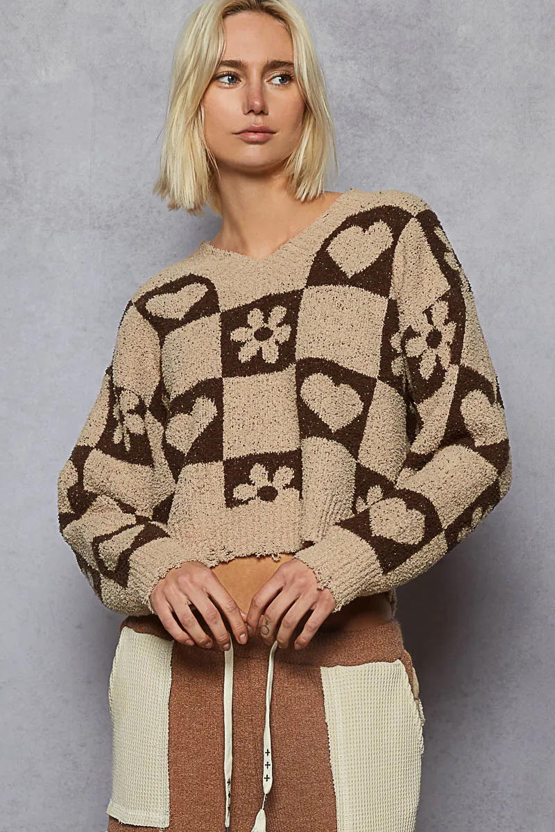 POL V-Neck Heart Pattern Checkered Sweater - Image 2