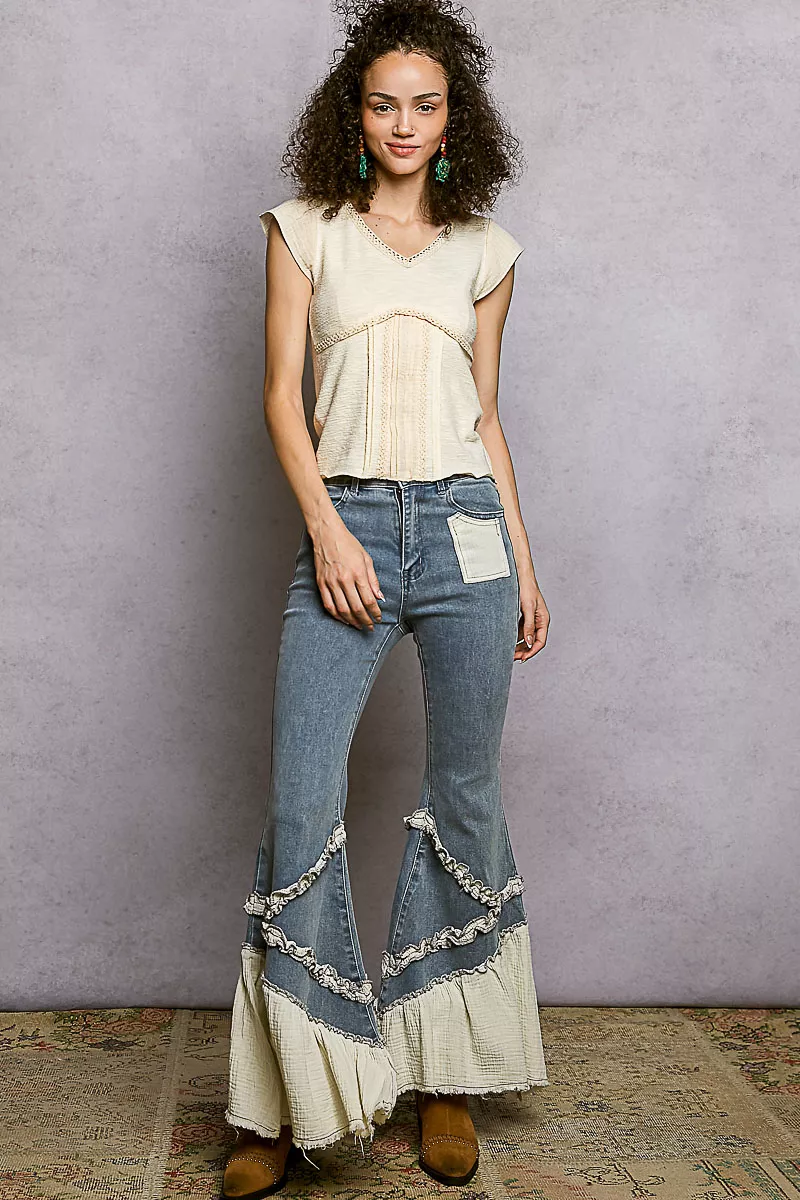 POL V-Neck Lightweight Textured Short Sleeve Knit Top with Lace Trim - Image 17