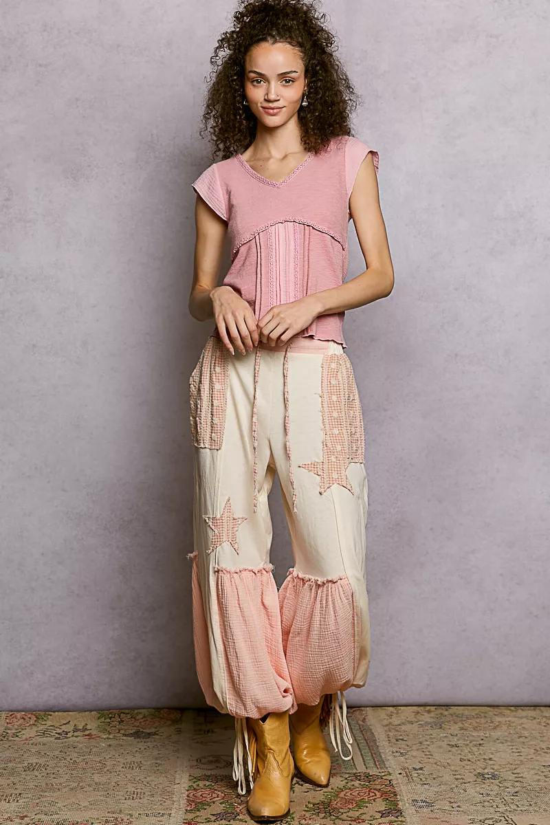 POL V-Neck Lightweight Textured Short Sleeve Knit Top with Lace Trim - Image 6