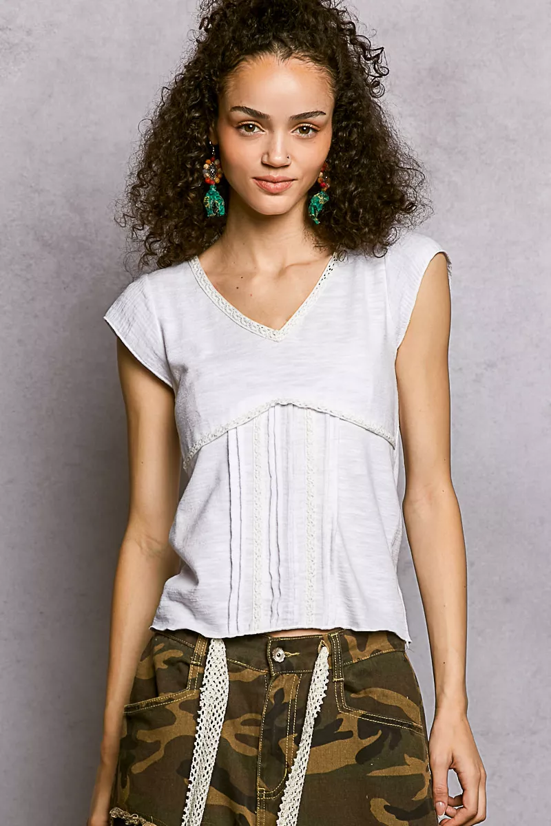 POL V-Neck Lightweight Textured Short Sleeve Knit Top with Lace Trim - Image 7