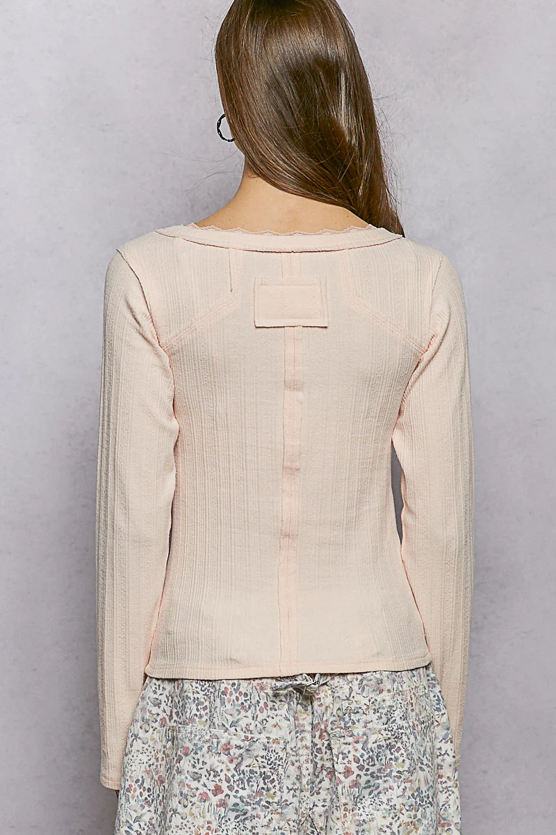 POL V-Neck Long Sleeve Ribbed Top with Lace-Accent Neckband - Image 4