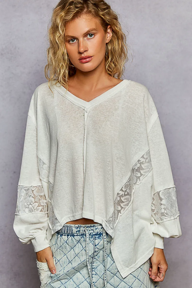 POL V-Neck Long Sleeve T-Shirt with Lace Detail - Image 2
