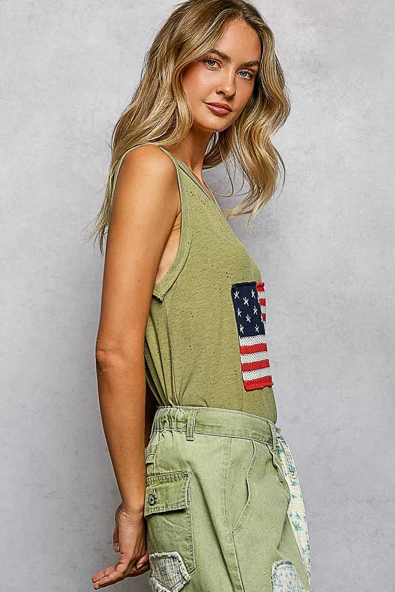 POL V-Neck Ribbed Tank with American Flag Patch and Star Back Patch - Image 3