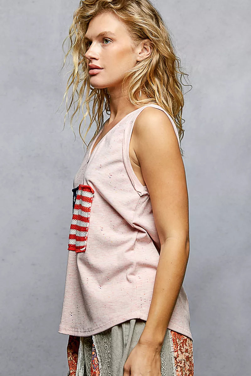 POL V-Neck Ribbed Tank with American Flag Patch and Star Back Patch - Image 3