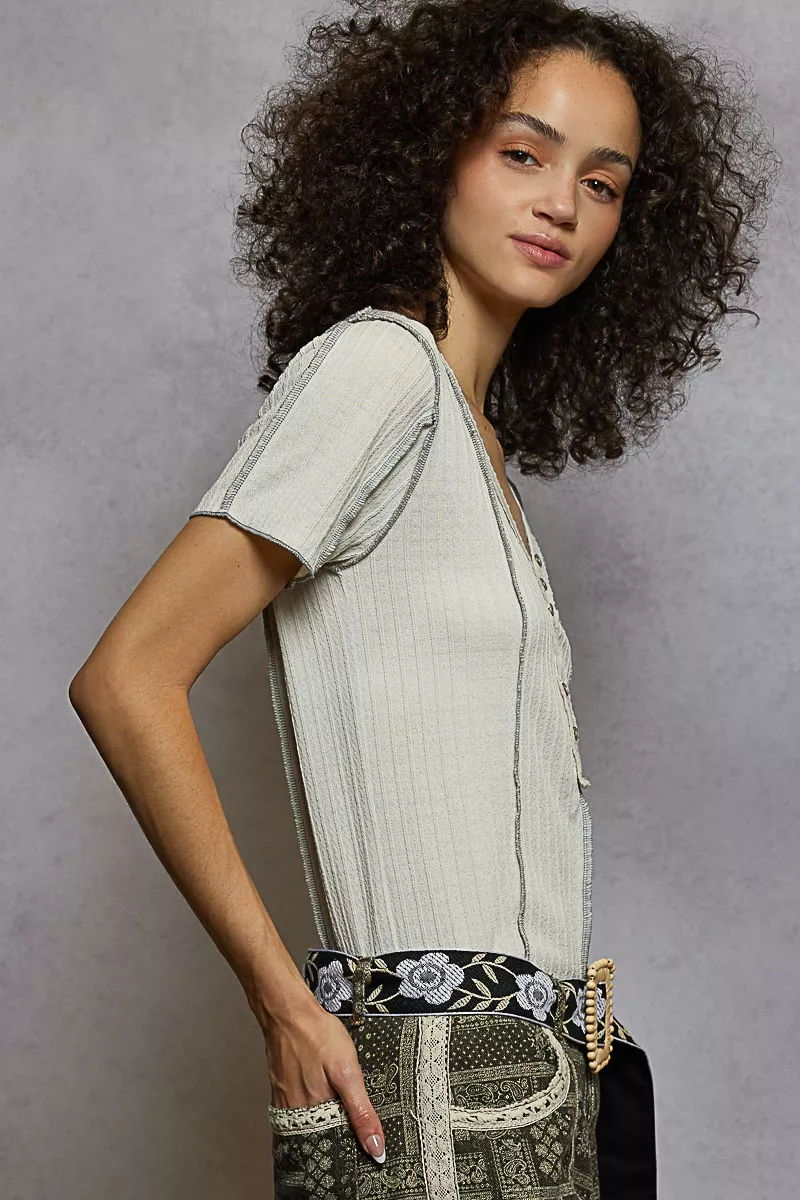 POL V-Neck Short Sleeve Top with Stitch Seam Detail - Image 3