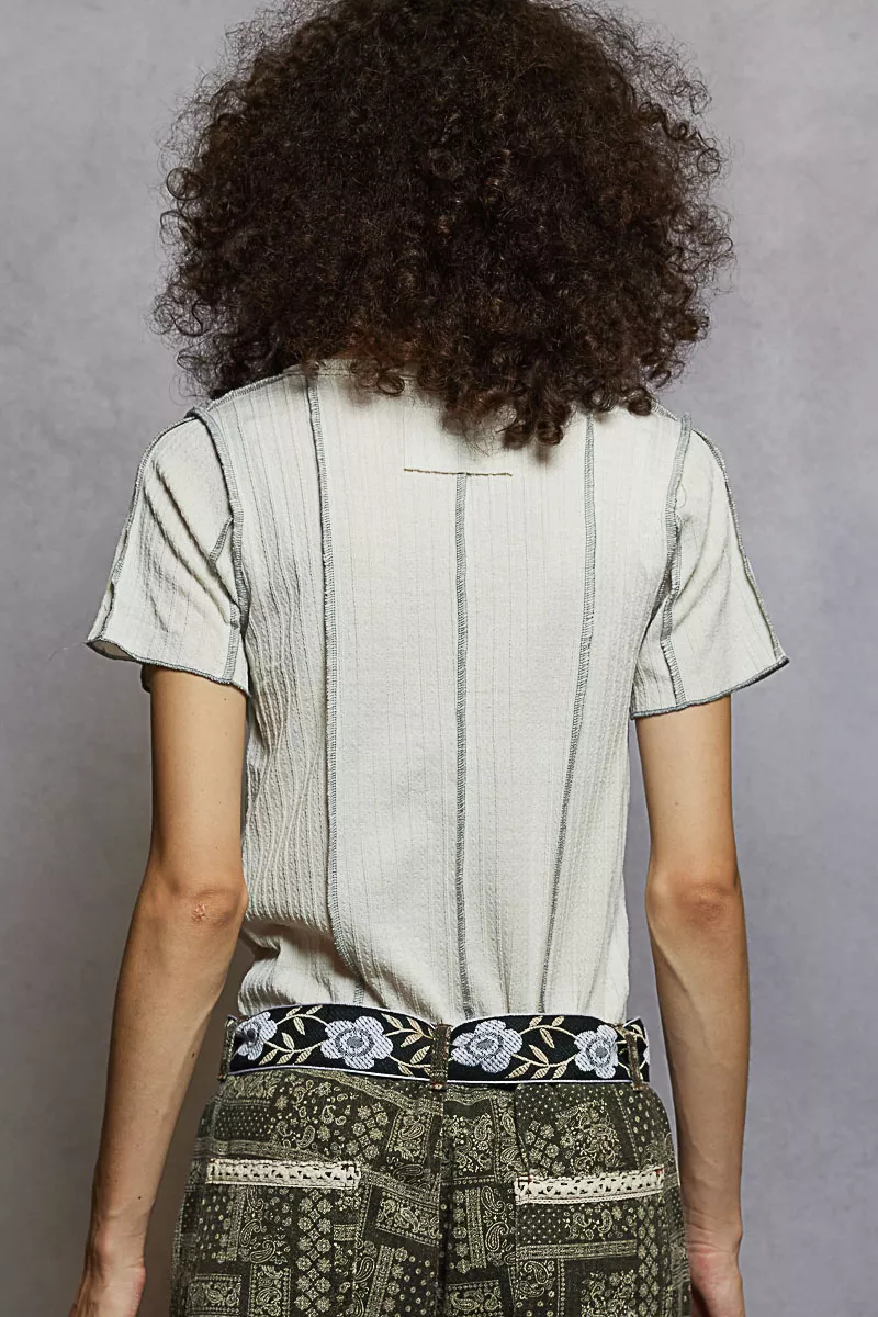 POL V-Neck Short Sleeve Top with Stitch Seam Detail - Image 4
