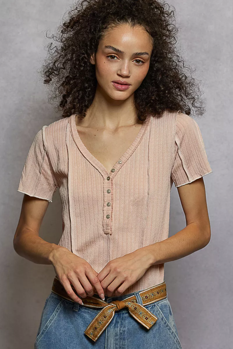POL V-Neck Short Sleeve Top with Stitch Seam Detail - Image 2