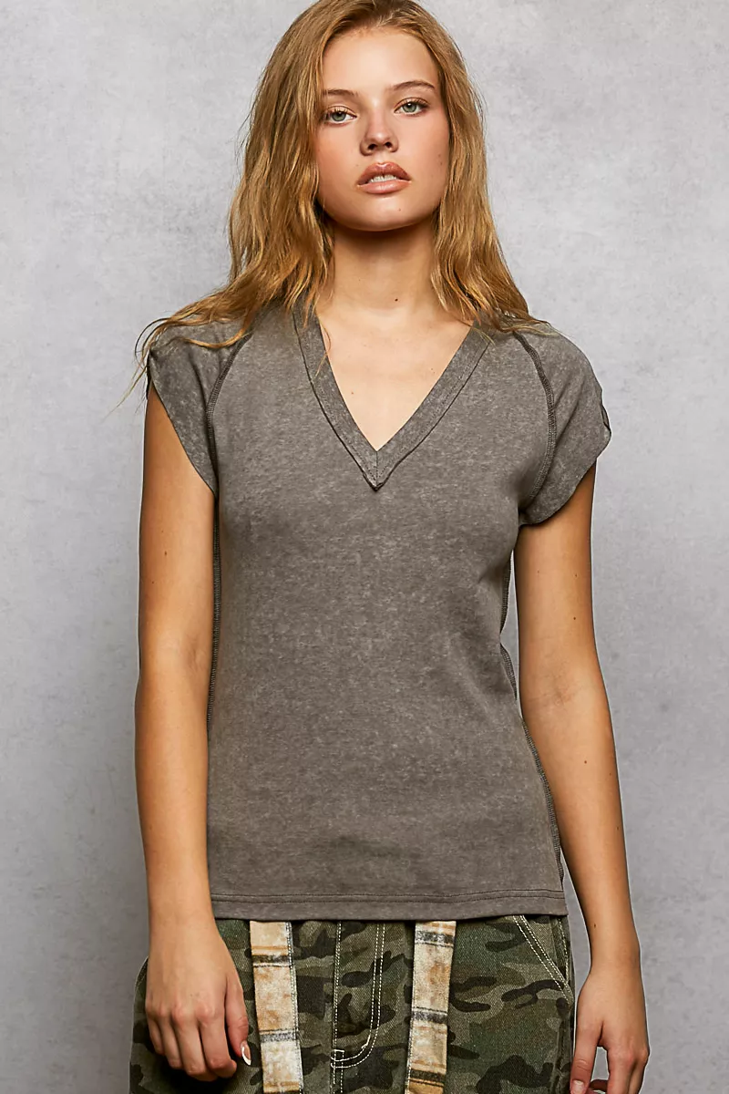 POL V-Neck Short Sleeve Washed T-Shirt with Outseam - Image 2