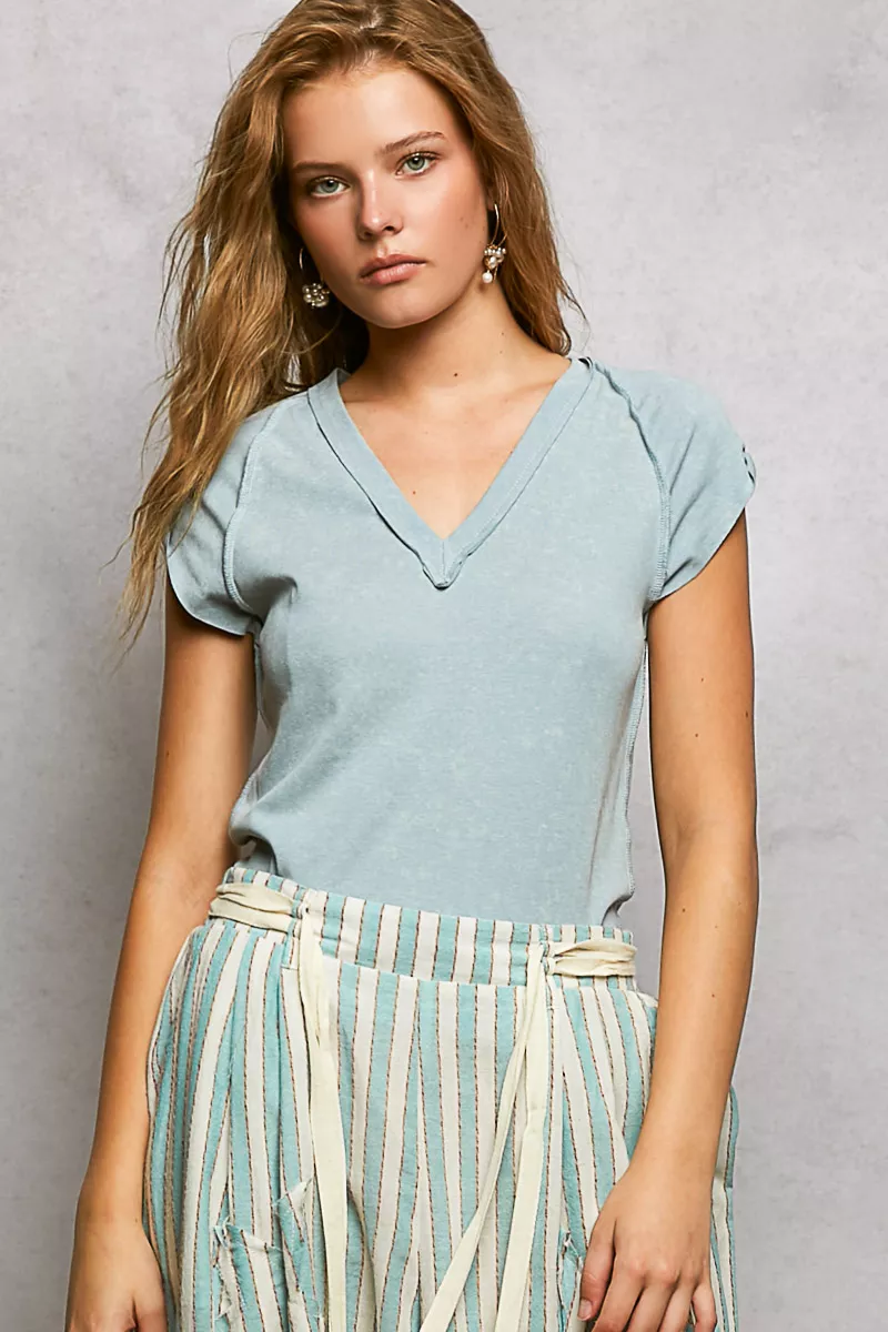 POL V-Neck Short Sleeve Washed T-Shirt with Outseam - Image 2