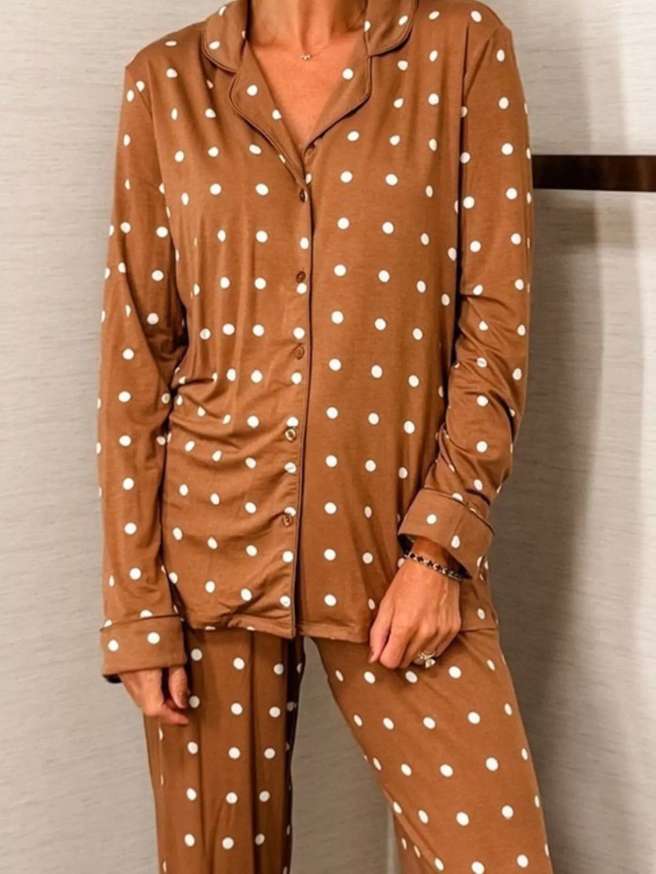Polka Dot Button-Down Top and Pants Lounge Set - Image 2