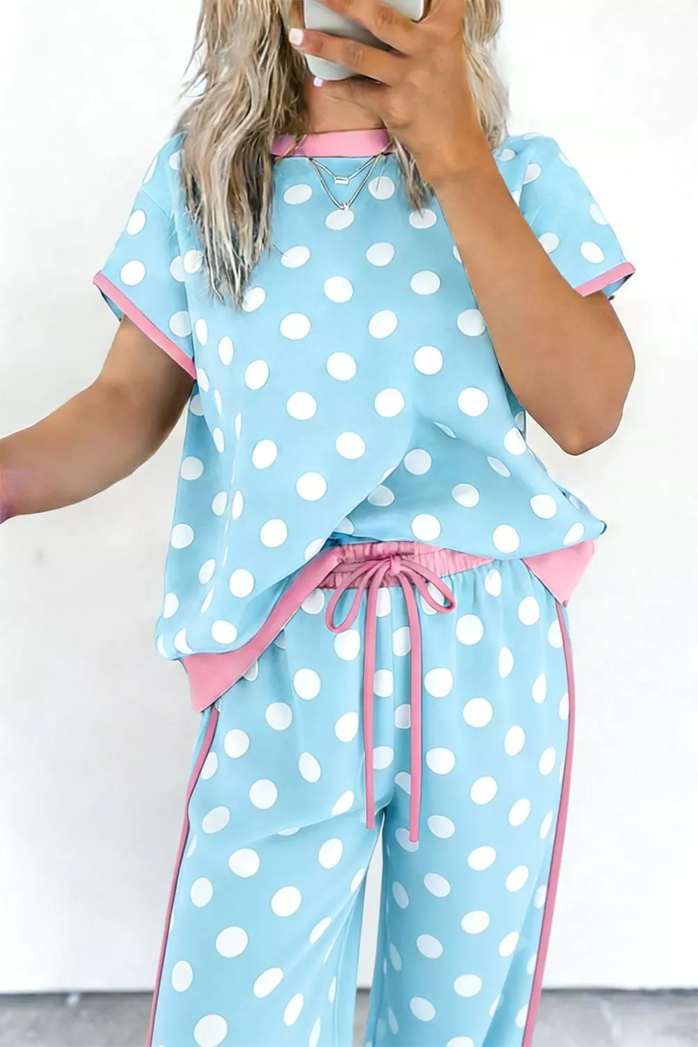 Polka Dot Contrast Trim Top and Pants Set - Image 2