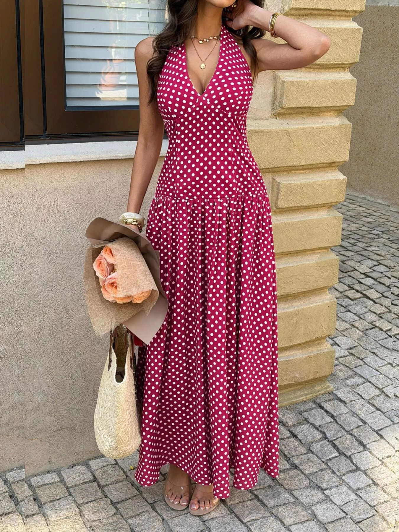 Polka Dot Halter Neck Maxi Dress - Image 2