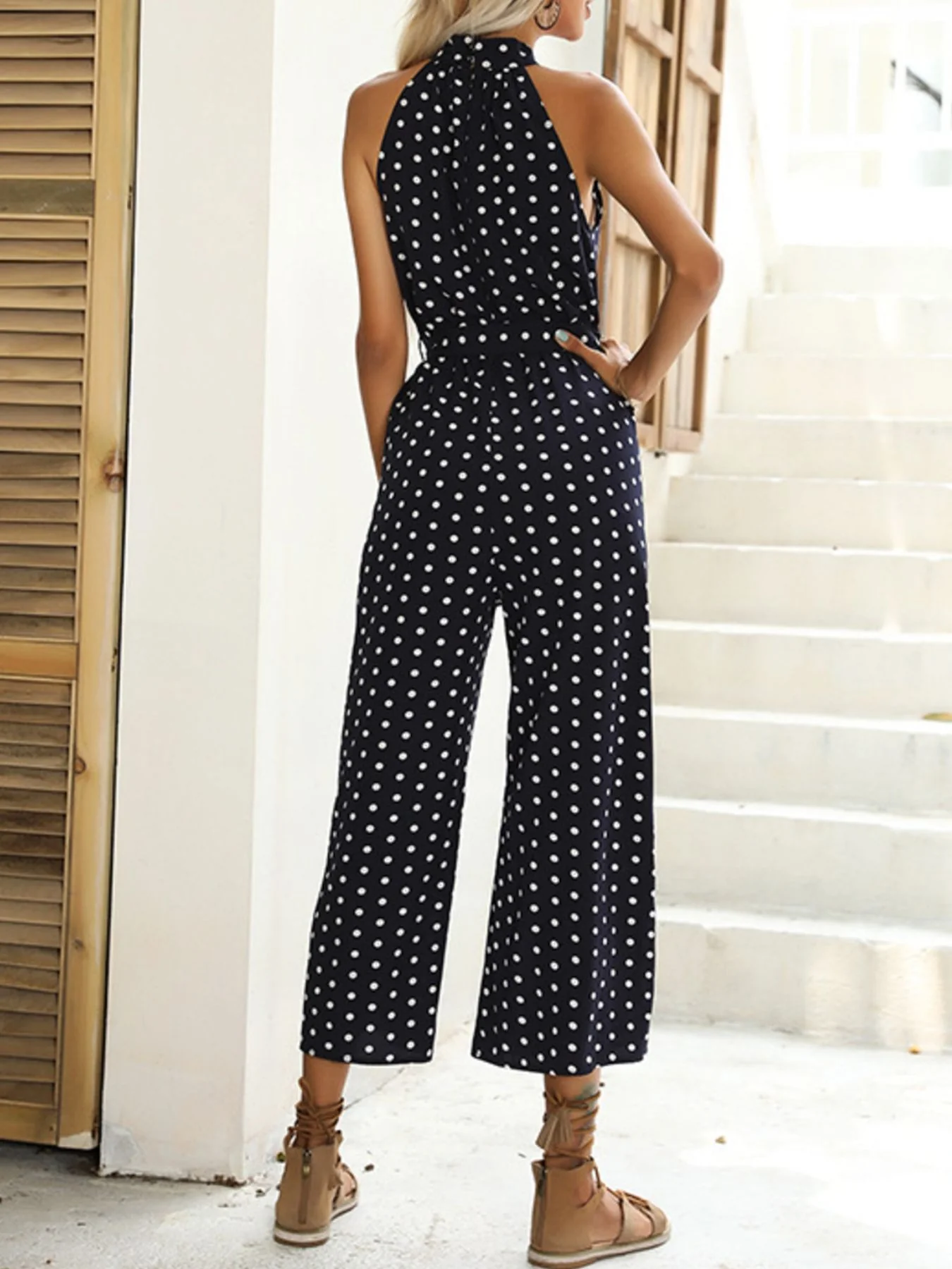 Polka Dot Halter Neck Wide Leg Jumpsuit - Image 3