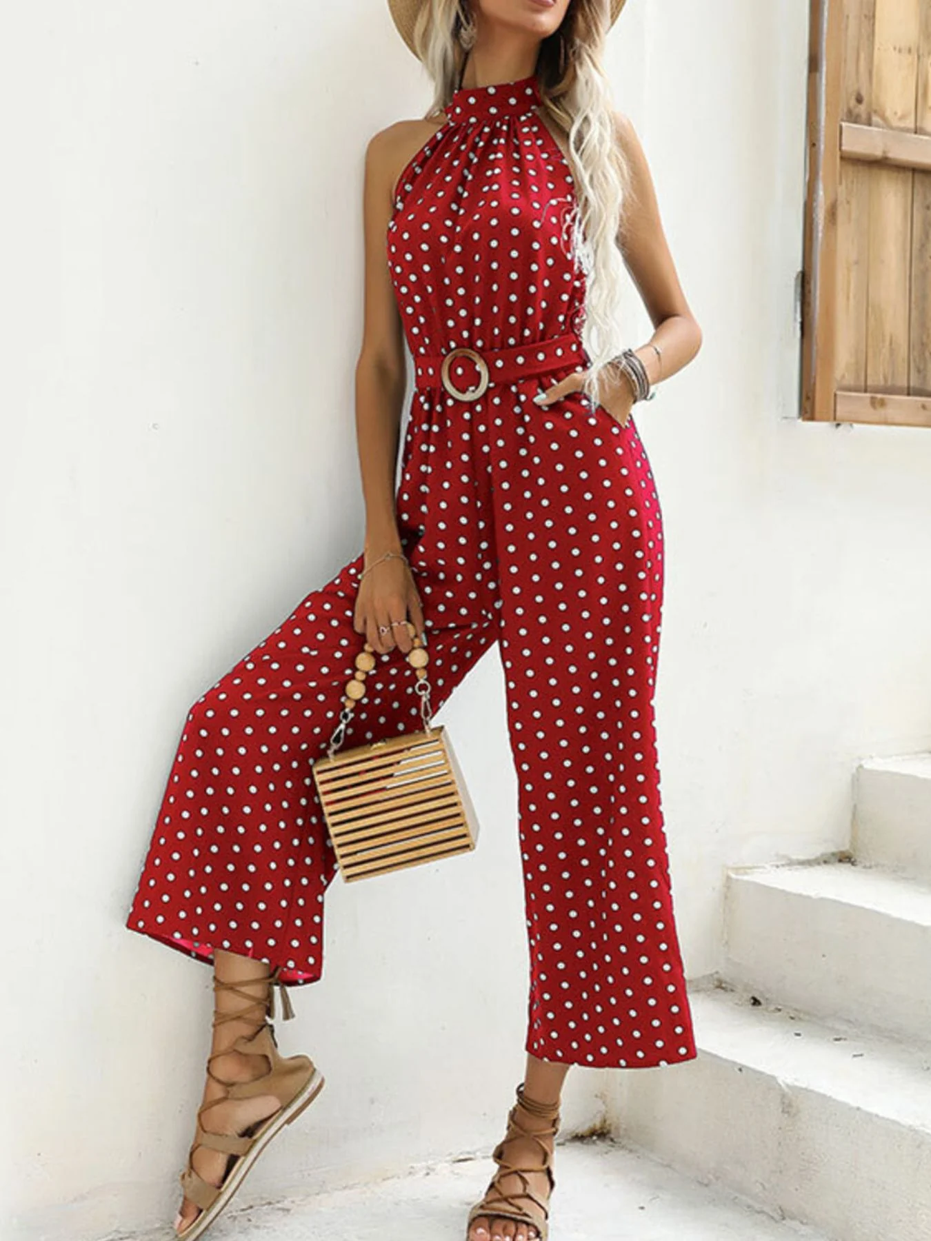 Polka Dot Halter Neck Wide Leg Jumpsuit - Image 4