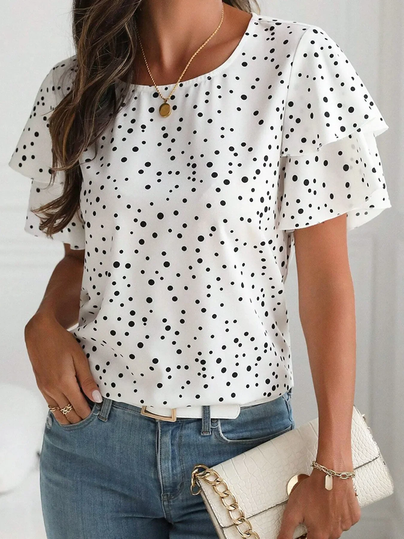 Polka Dot Layered Ruffled Short Sleeve Blouse - Image 3